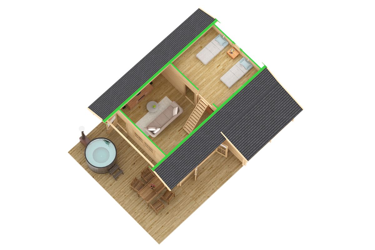 Hirsimökki parvella “Dakota” 42m² / 7 x 7 m / 70mm | G0026 Hirsimökki parvella 42m² / 7 x 7 m / 70mm (yläkuva)