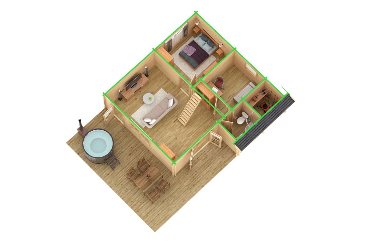 Hirsimökki parvella “Dakota” 42m² / 7 x 7 m / 70mm | G0026 Hirsimökki parvella 42m² / 7 x 7 m / 70mm (poikkileikkaus)