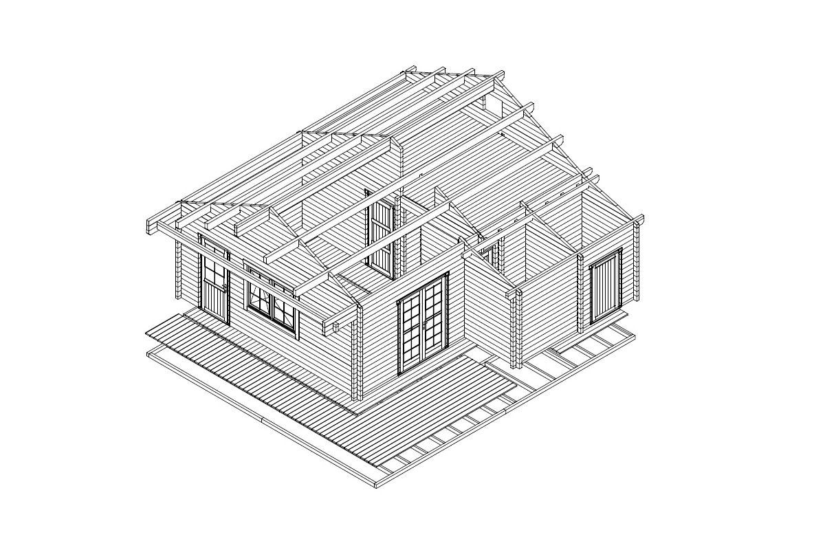 Hirsimökki parvella “Dakota” 42m² / 7 x 7 m / 70mm | G0026