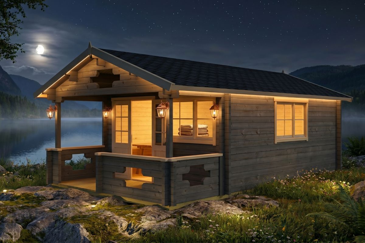 Pihasauna terassilla “Mika” 19m² / 4 x 7 m / 70mm | G0110 Pihasauna terassilla 19m² / 4 x 7 m / 70mm (öiseen aikaan)