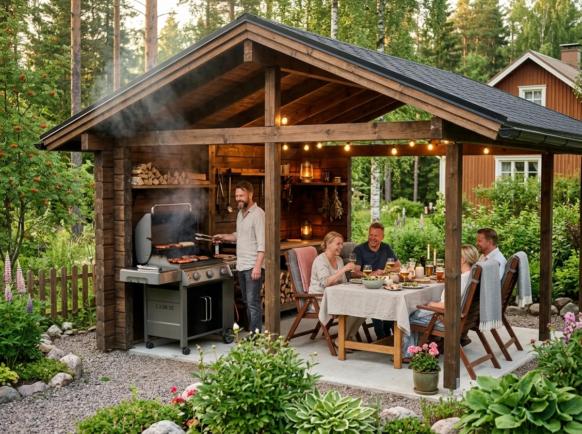 Viihtyisä grillikatos pihalla