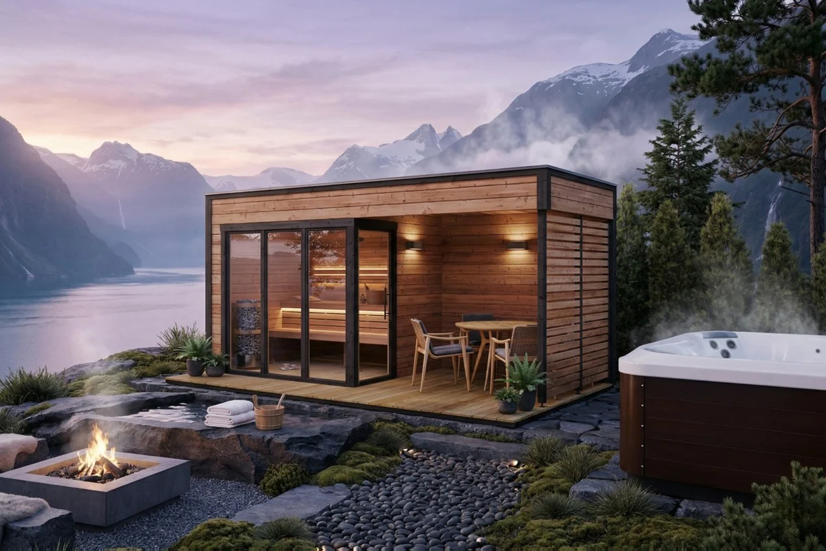 Moderni Fjord-pihasauna terassilla